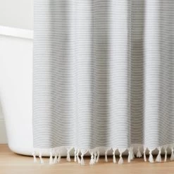 Ticking Stripe Woven Shower Curtain Gray/Cream - Hearth & Handâ„¢ With Magnolia