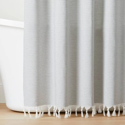 Ticking Stripe Woven Shower Curtain Gray/Cream - Hearth & Hand™ With Magnolia 3 Ticking Stripe Woven Shower Curtain Gray/Cream - Hearth & Hand™ With Magnolia