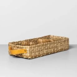 3 Compartment Woven Tank Tray With Leather Handles Beige - Hearth & Hand™ With Magnolia