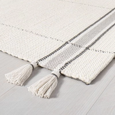 Simple Border Stripe With Corner Tassel Rug White/Gray - Hearth & Hand™ With Magnolia 3 Simple Border Stripe With Corner Tassel Rug White/Gray - Hearth & Hand™ With Magnolia